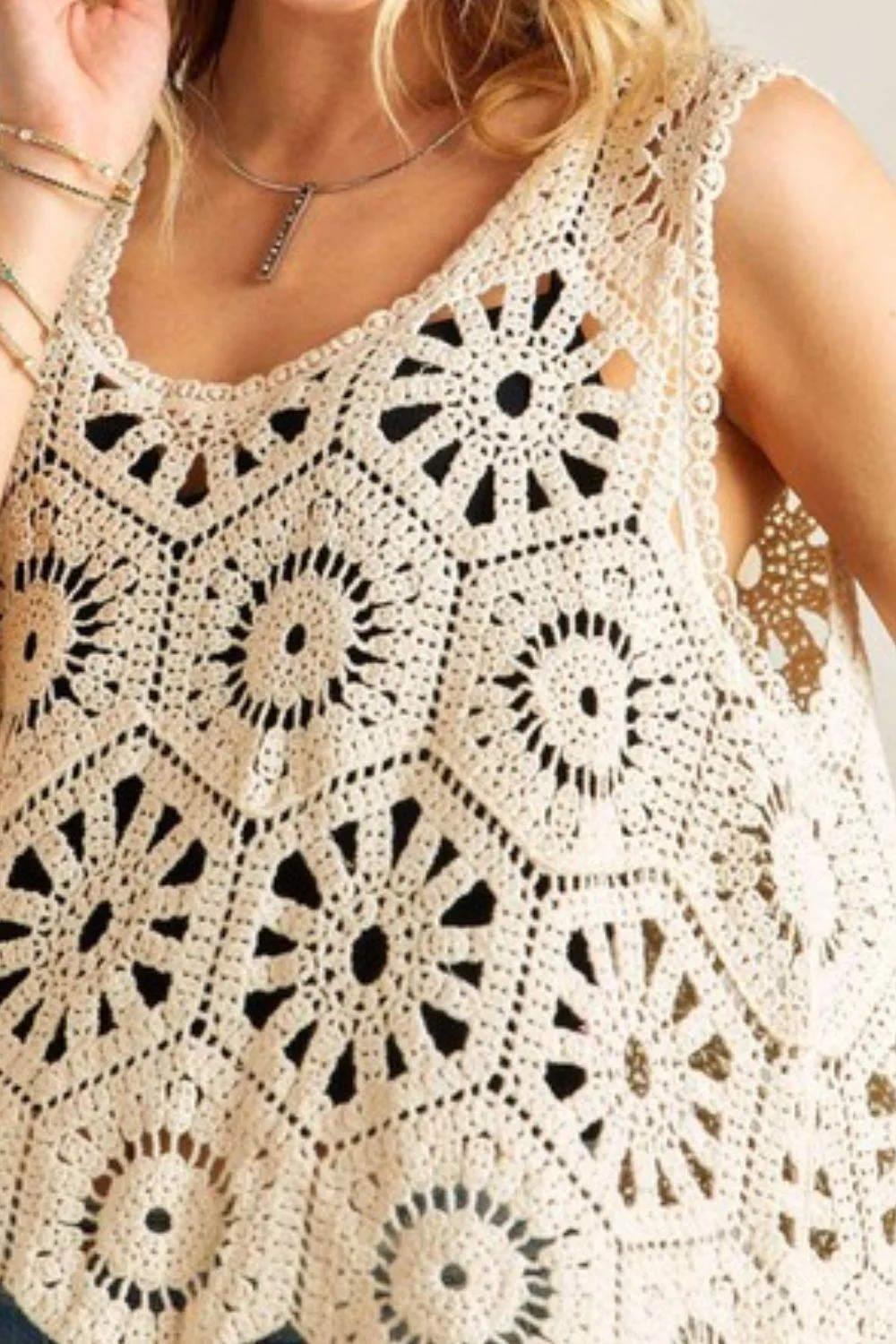 ADORA Crochet Wide Strap Tank In Beige
