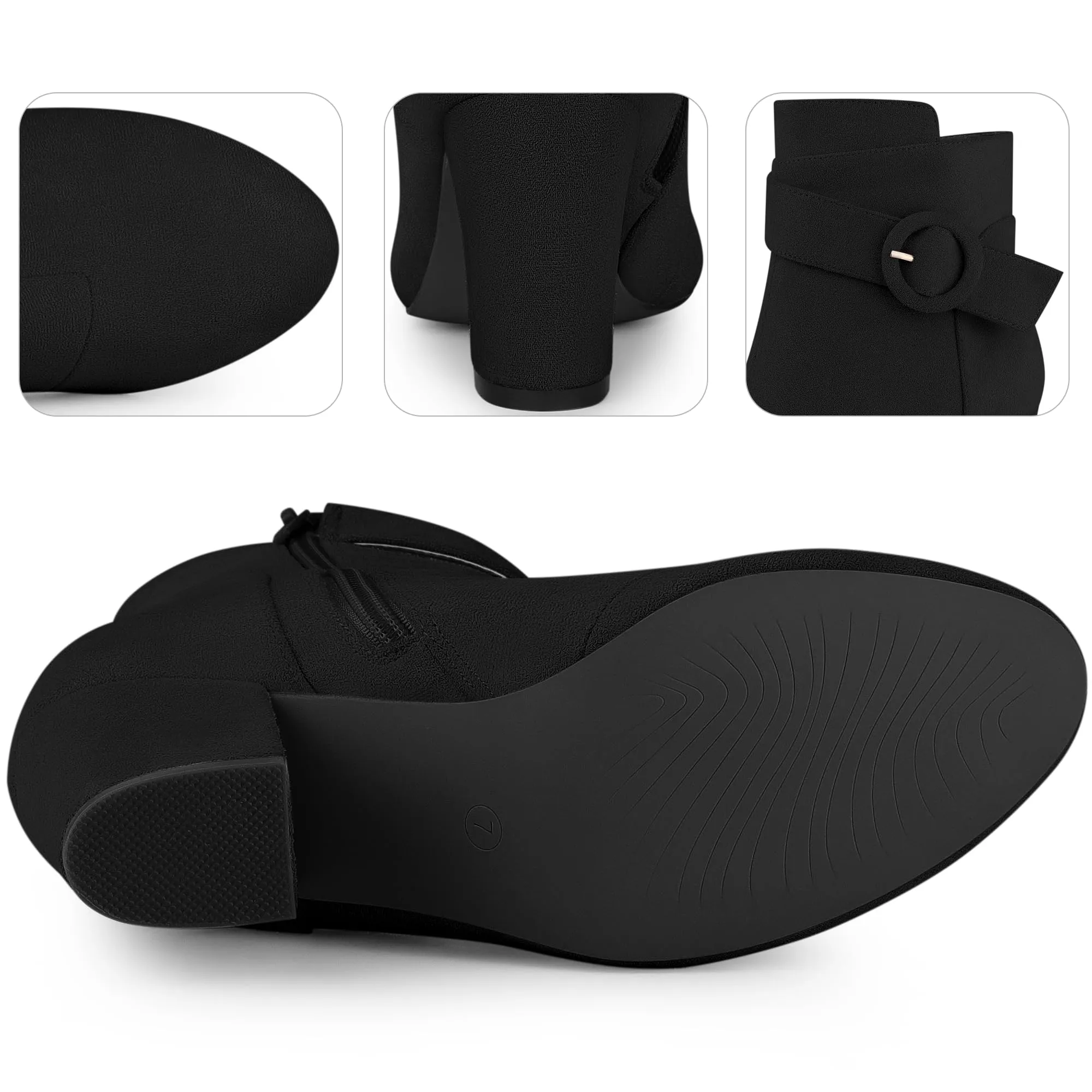 Black Chic Suede Round Toe Buckle Heel Ankle Boots