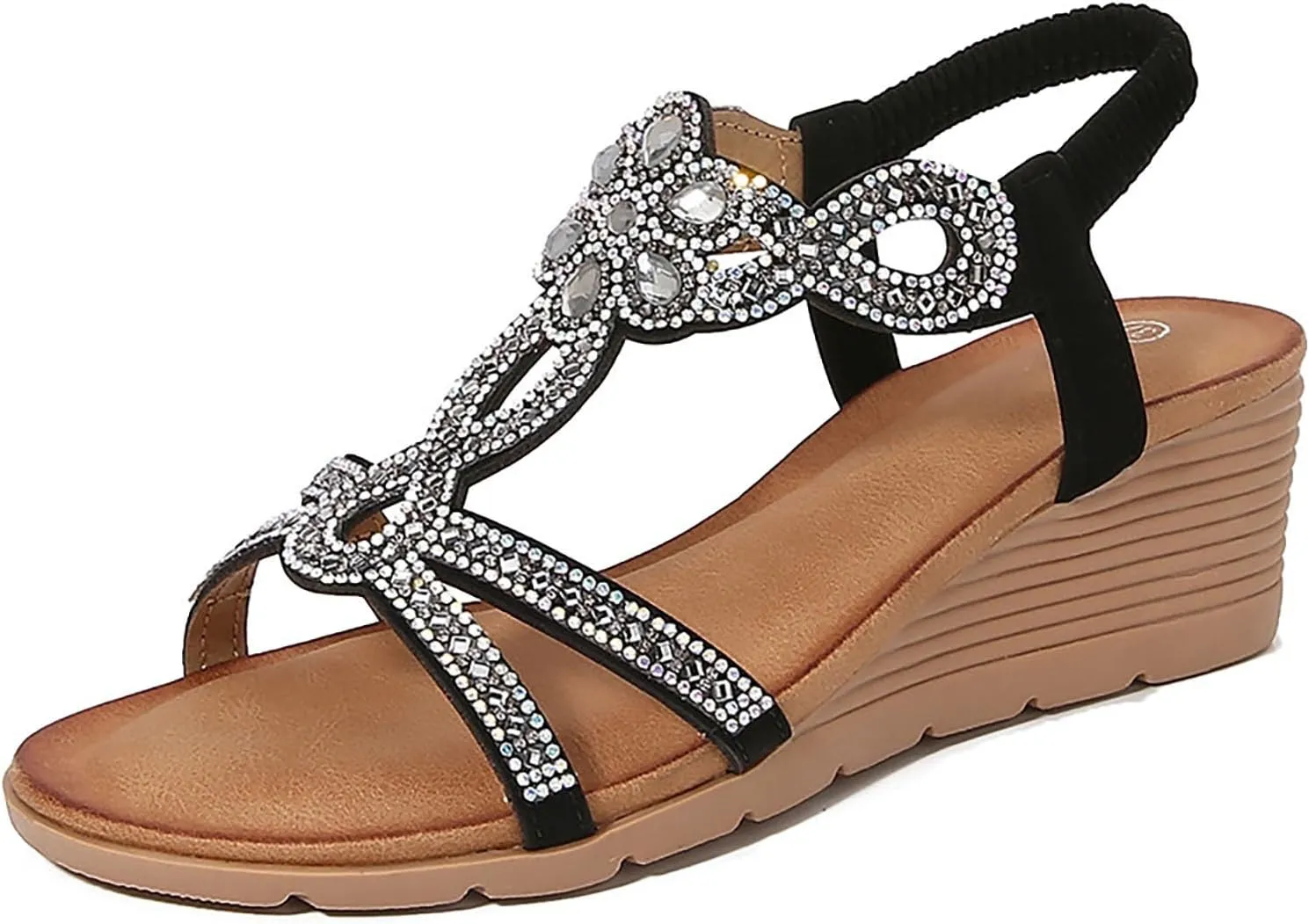 Dress Sandals for Women 2025 Low Heel Boho Rhinestone Dressy Summer Shoes Comfortable Fashion Espadrilles Wedges