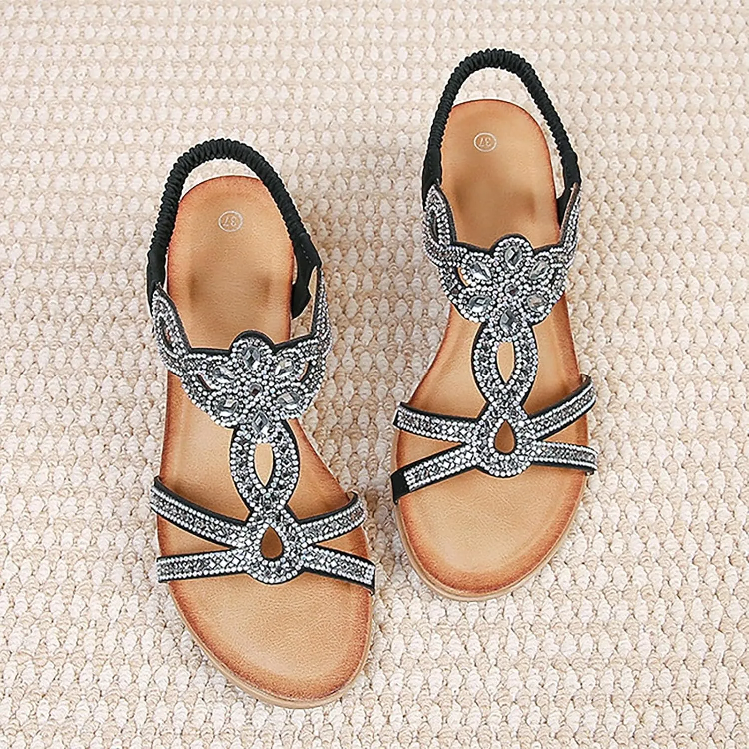 Dress Sandals for Women 2025 Low Heel Boho Rhinestone Dressy Summer Shoes Comfortable Fashion Espadrilles Wedges