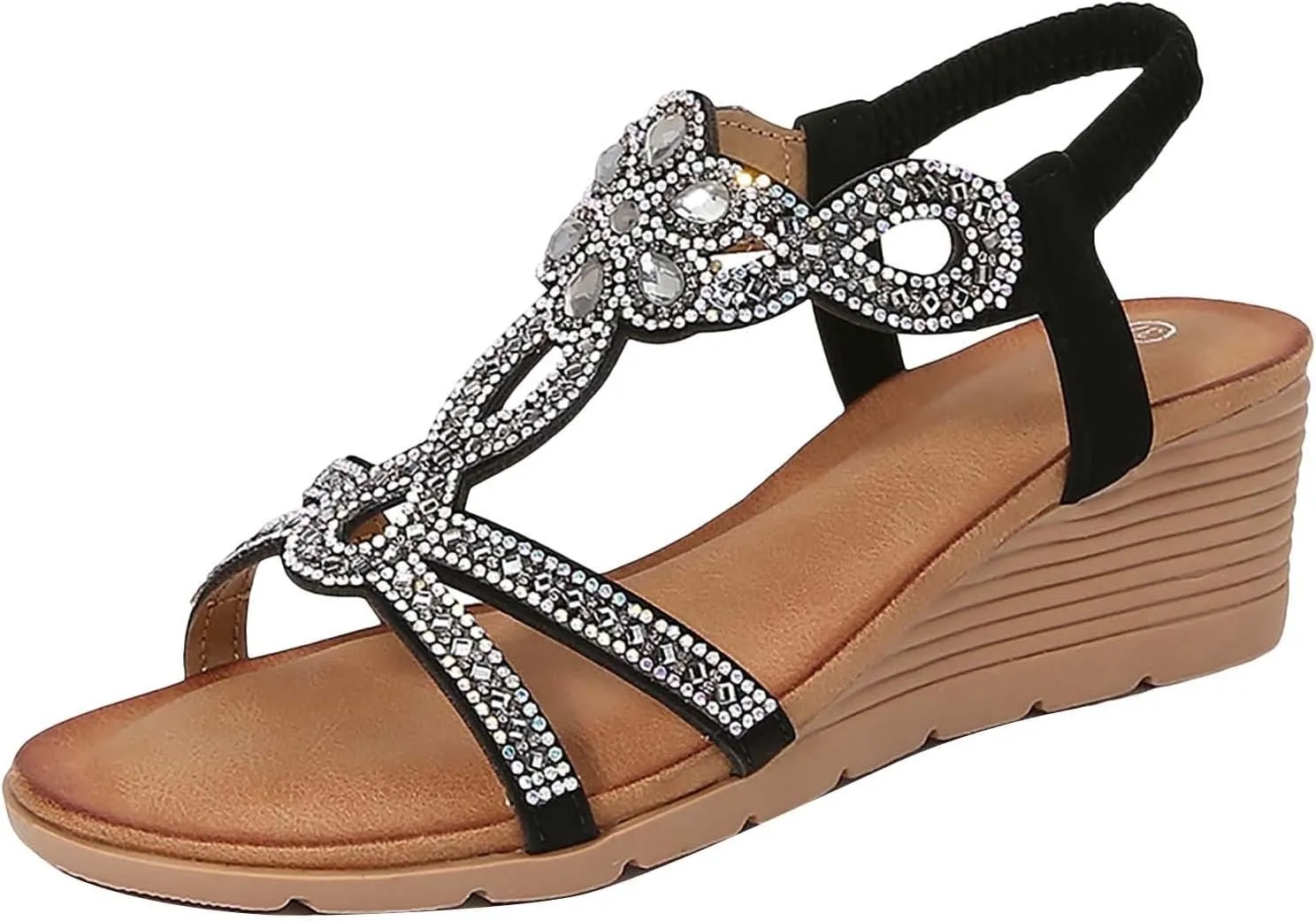 Dress Sandals for Women 2025 Low Heel Boho Rhinestone Dressy Summer Shoes Comfortable Fashion Espadrilles Wedges