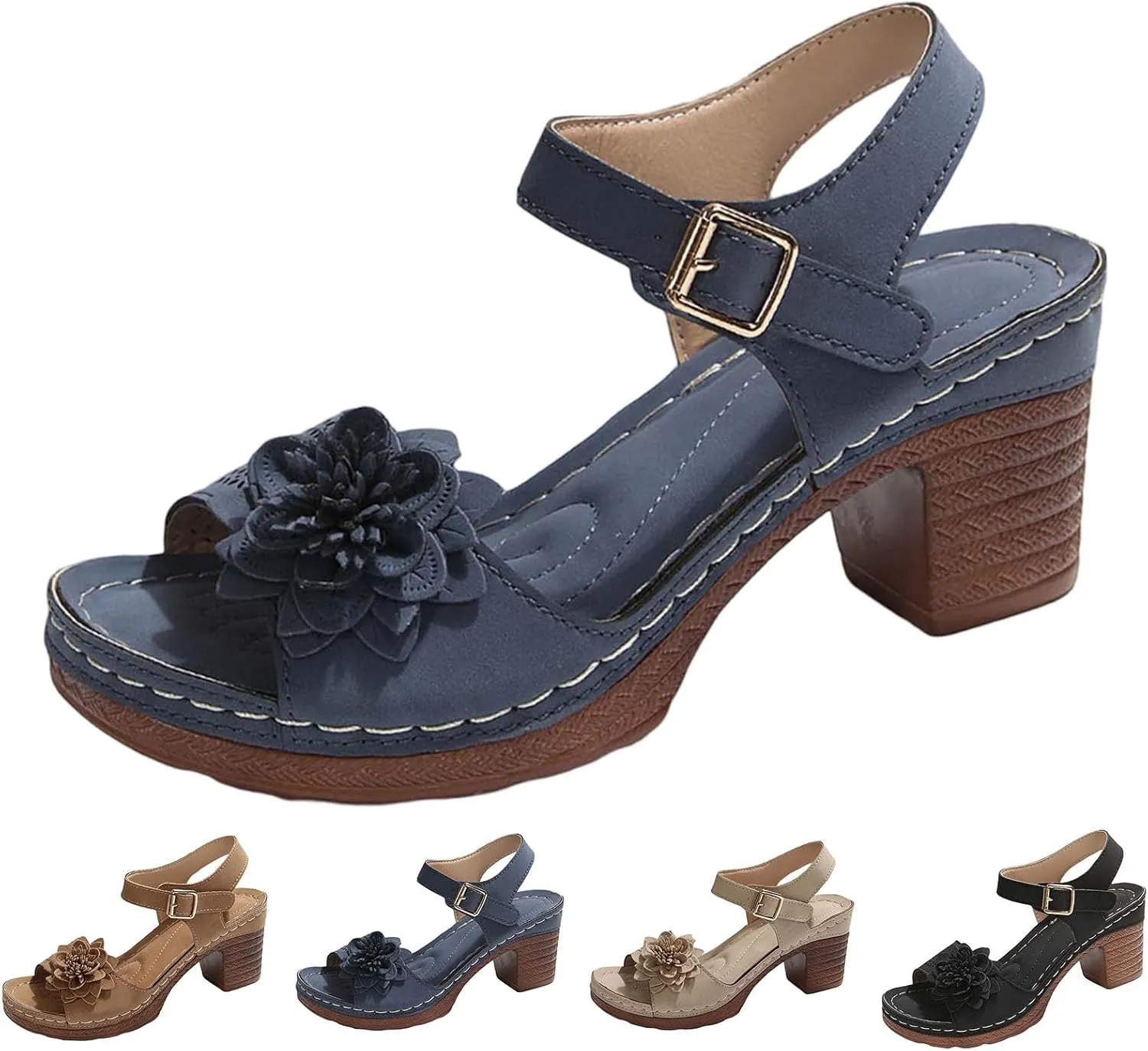 for Women 2025 Chunky Heel Retro Sandals with Adjustable Buckle Fashion Platform Block Heels