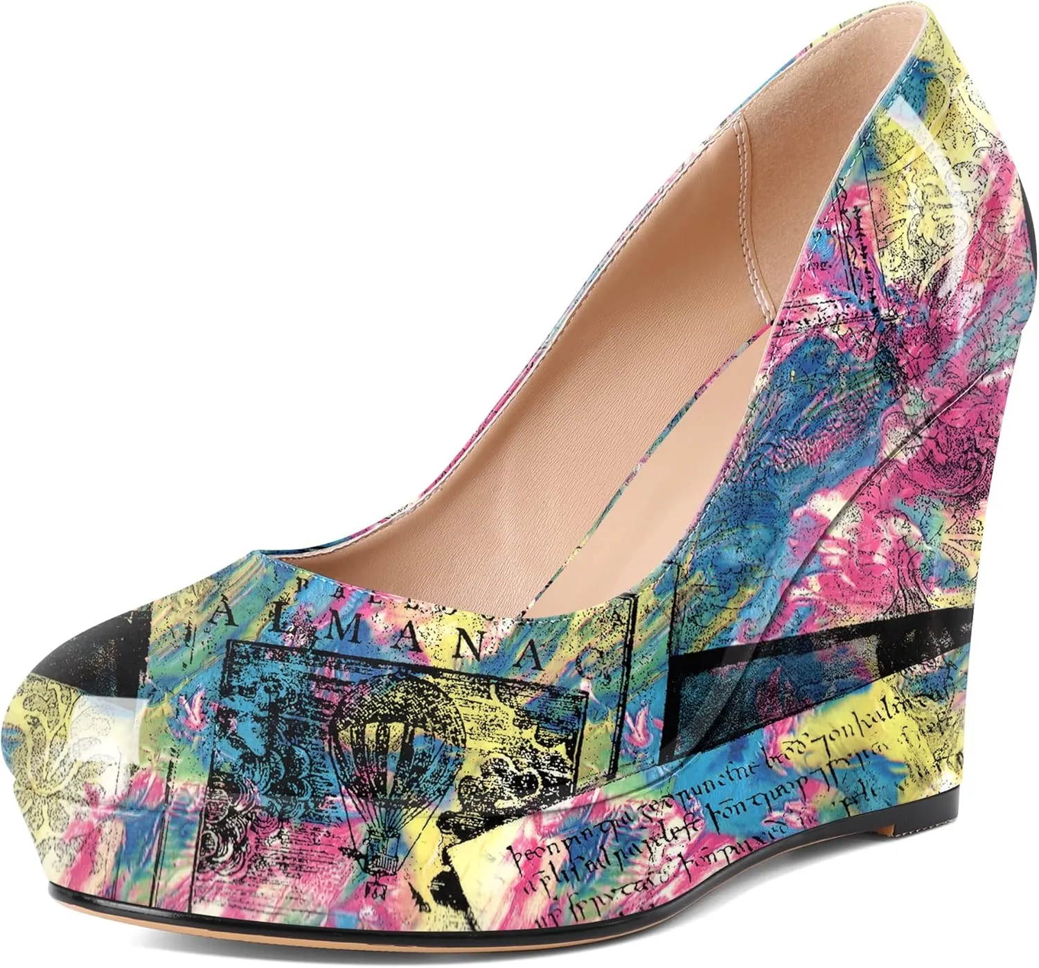 Joseywade Wedge Pumps for Women Platform Heels Round Toe Heels Slip On Wedge High Heels Dress Shoes 4 Inch