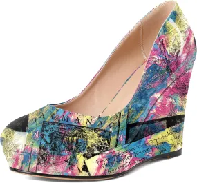 Joseywade Wedge Pumps for Women Platform Heels Round Toe Heels Slip On Wedge High Heels Dress Shoes 4 Inch