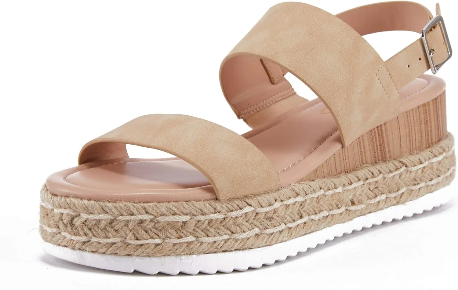 LAICIGO Womens Open Toe Wedge Platform Espadrilles Ankle Strap Buckle Faux Leather Cork Rubber Summer Sandals