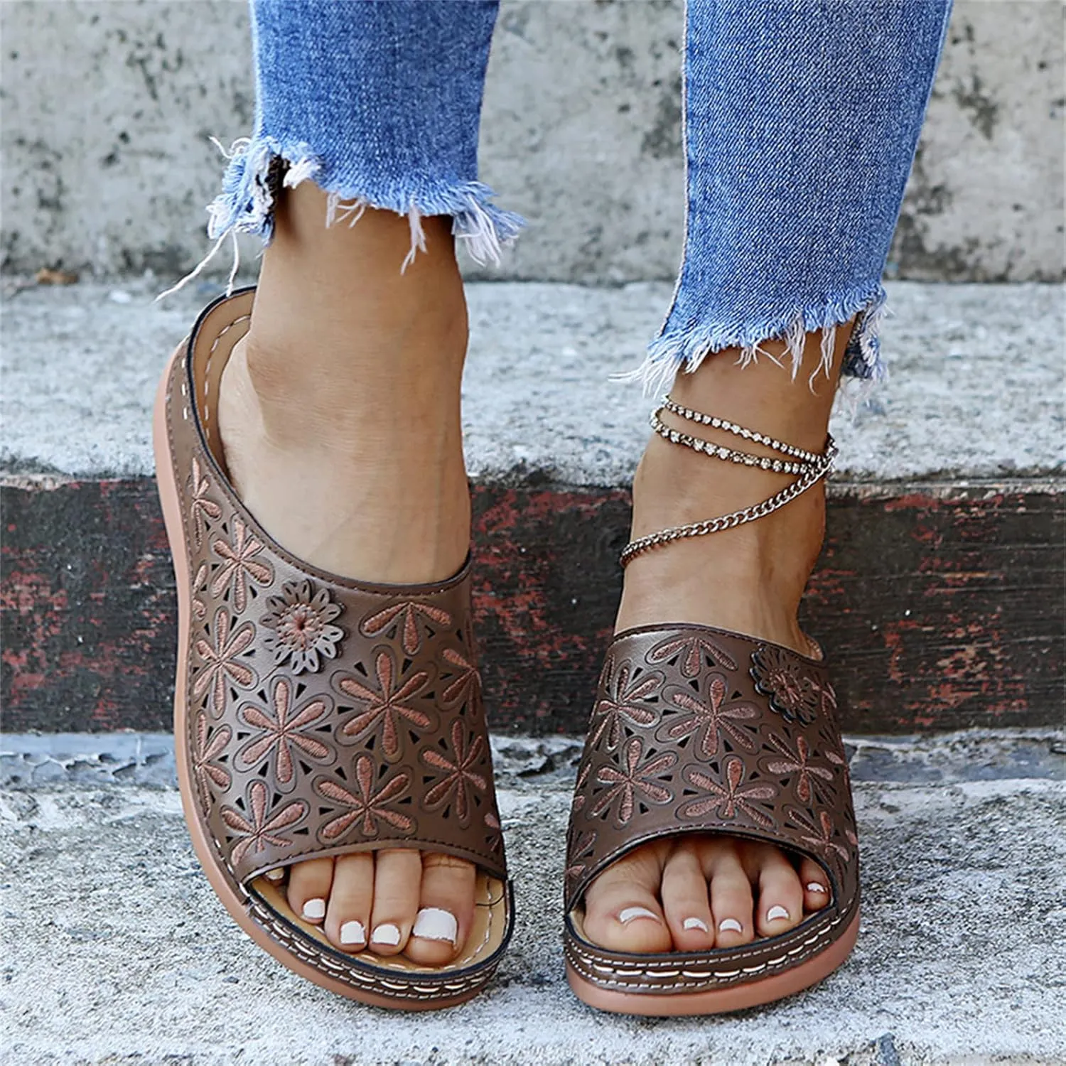 Lausiuoe Sandals Women Dressy Summer Flat Flip Flops Comfortable Walking Orthopedic Slippers Arch Support Orthotic Slides