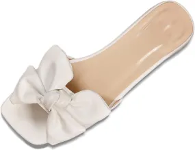 Low Heels for Women Bow Flat Sandals Slippers Dressy Square Open Toe Sandals Comfortable Slip on Slide Sandals
