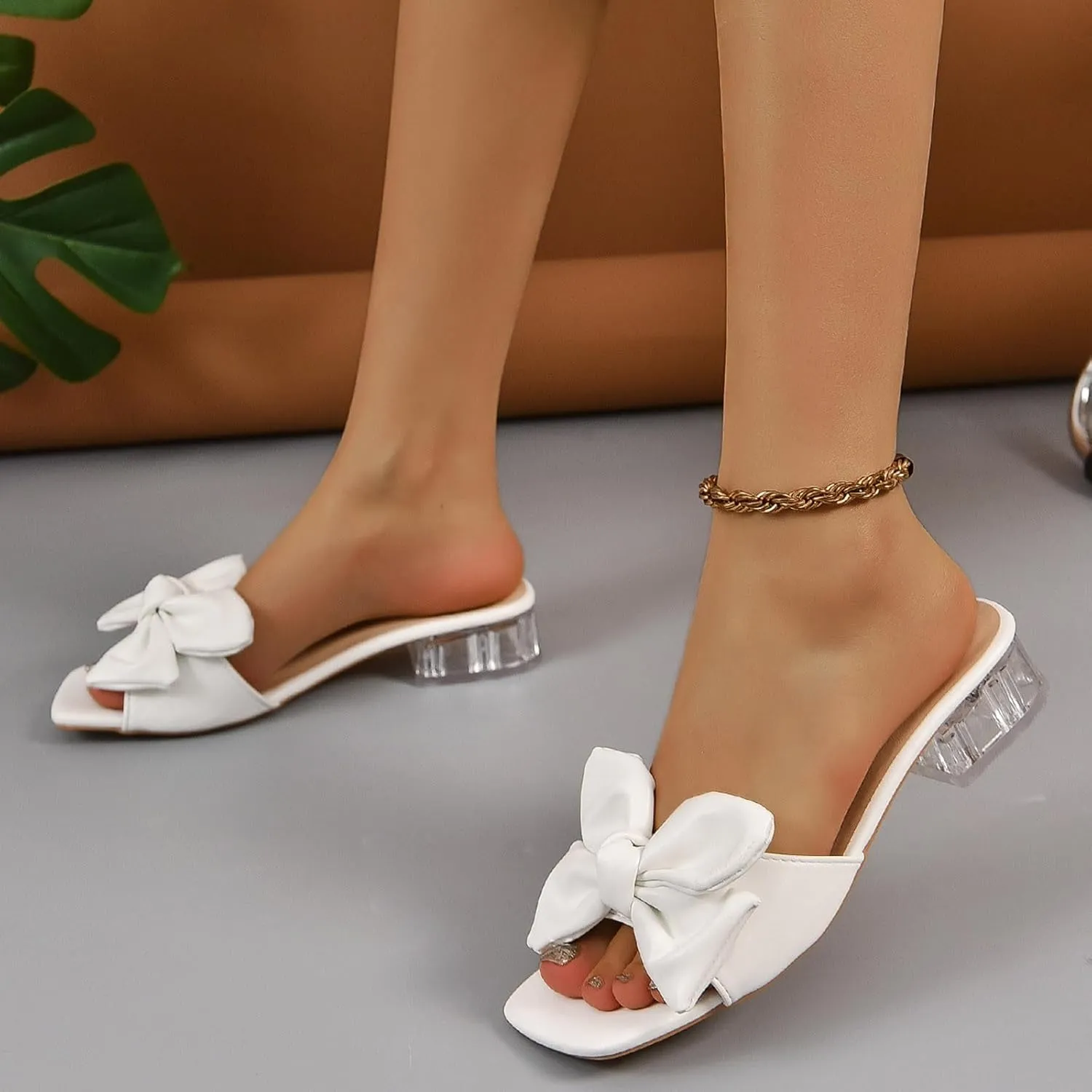 Low Heels for Women Bow Flat Sandals Slippers Dressy Square Open Toe Sandals Comfortable Slip on Slide Sandals