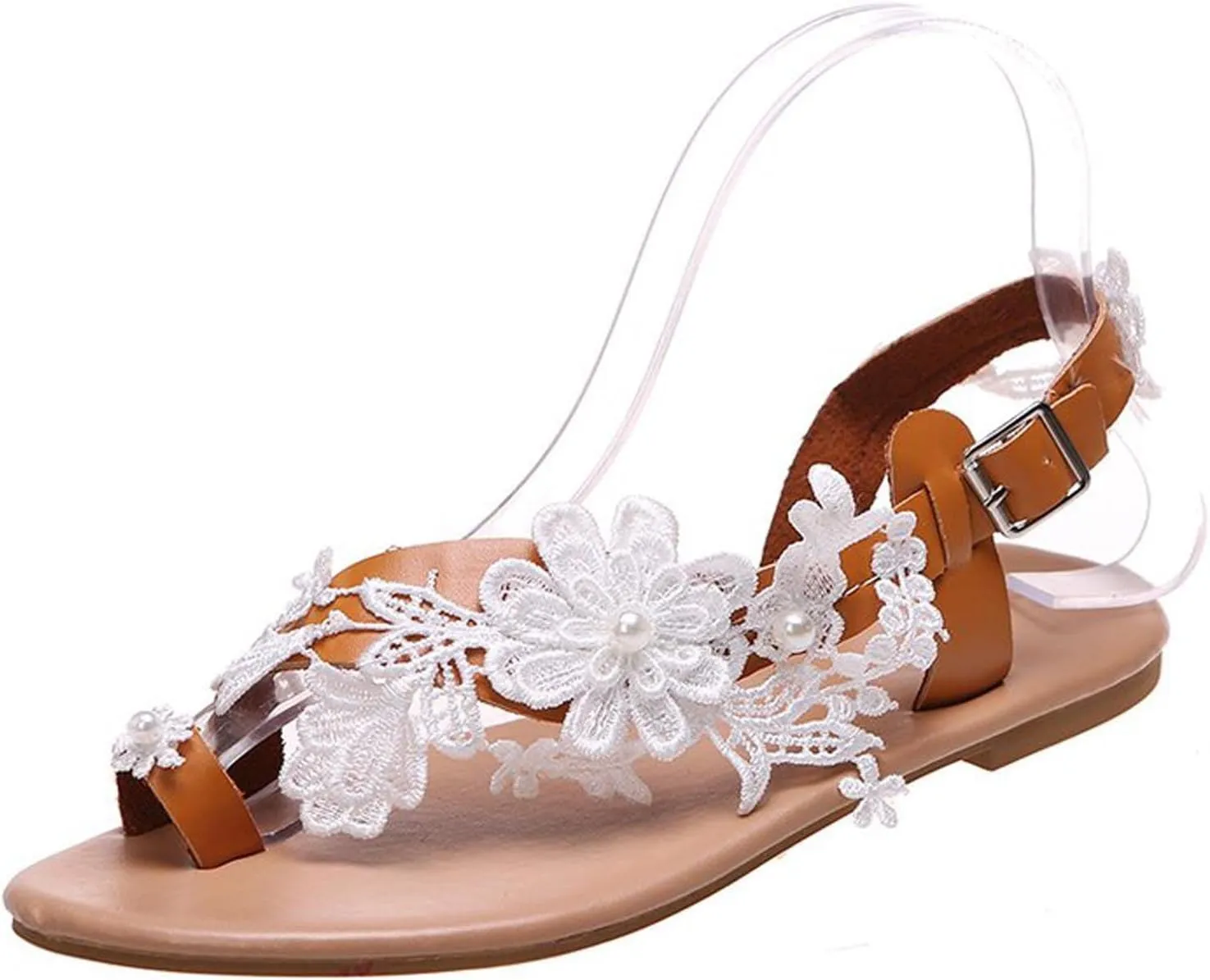 oiangi Summer Women Strappy Flat Sandals 2023 Fashion Pearl Lace Flower Straps Buckle Slipper Comfortable Clip Toe Flip Flops Ladies Cute Beach Shoes