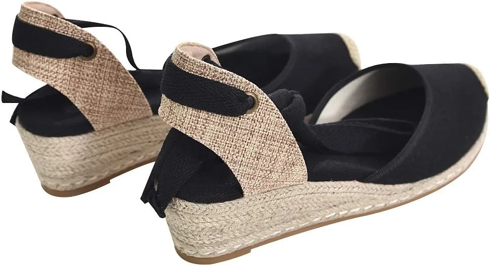 rismart Women's Ankle Tie Espadrilles Wedge Closed Toe Canvas Sandals