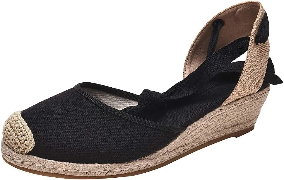 rismart Women's Ankle Tie Espadrilles Wedge Closed Toe Canvas Sandals