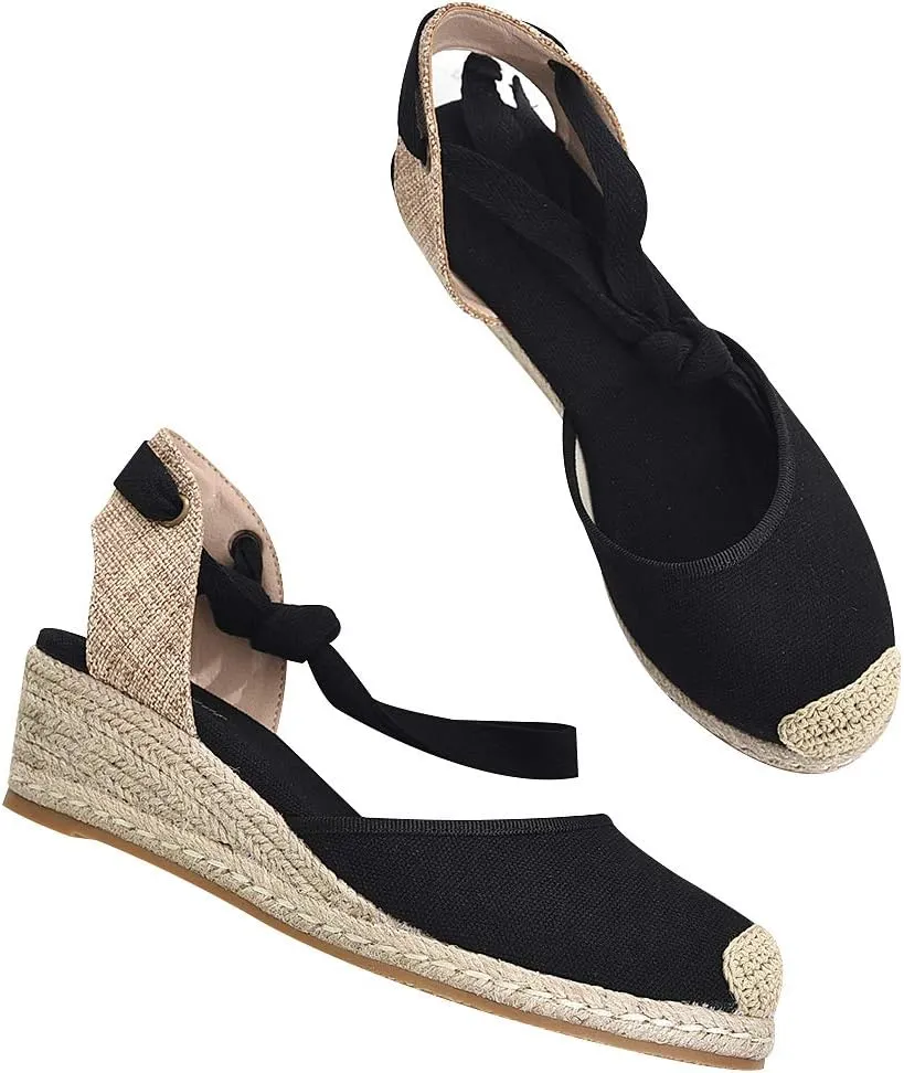 rismart Women's Ankle Tie Espadrilles Wedge Closed Toe Canvas Sandals