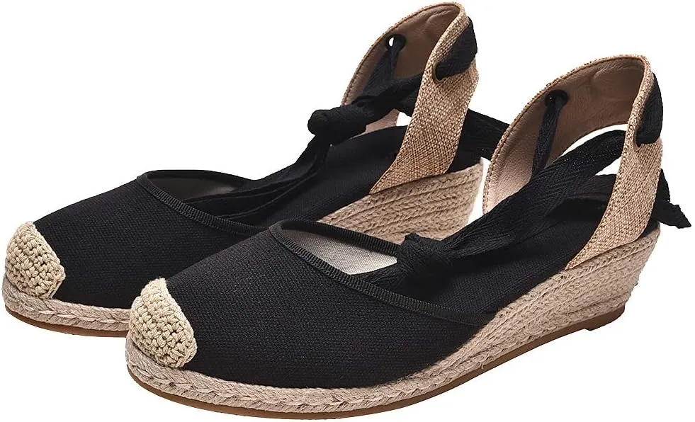 rismart Women's Ankle Tie Espadrilles Wedge Closed Toe Canvas Sandals