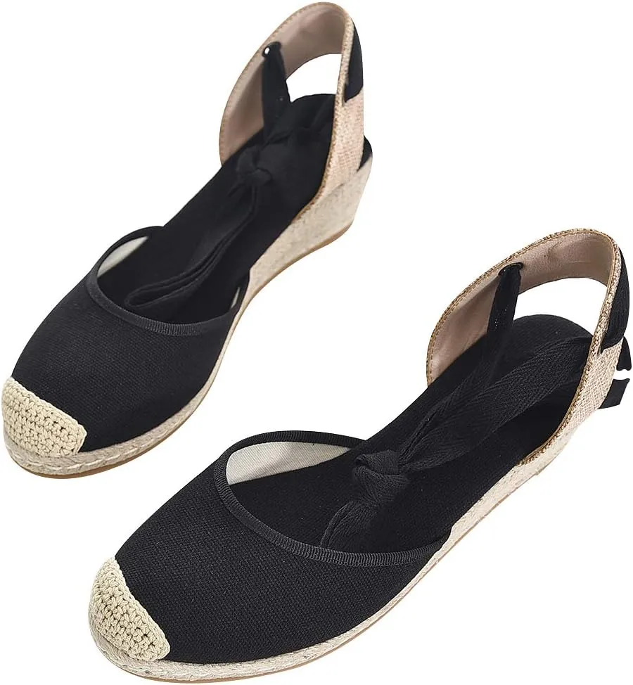 rismart Women's Ankle Tie Espadrilles Wedge Closed Toe Canvas Sandals