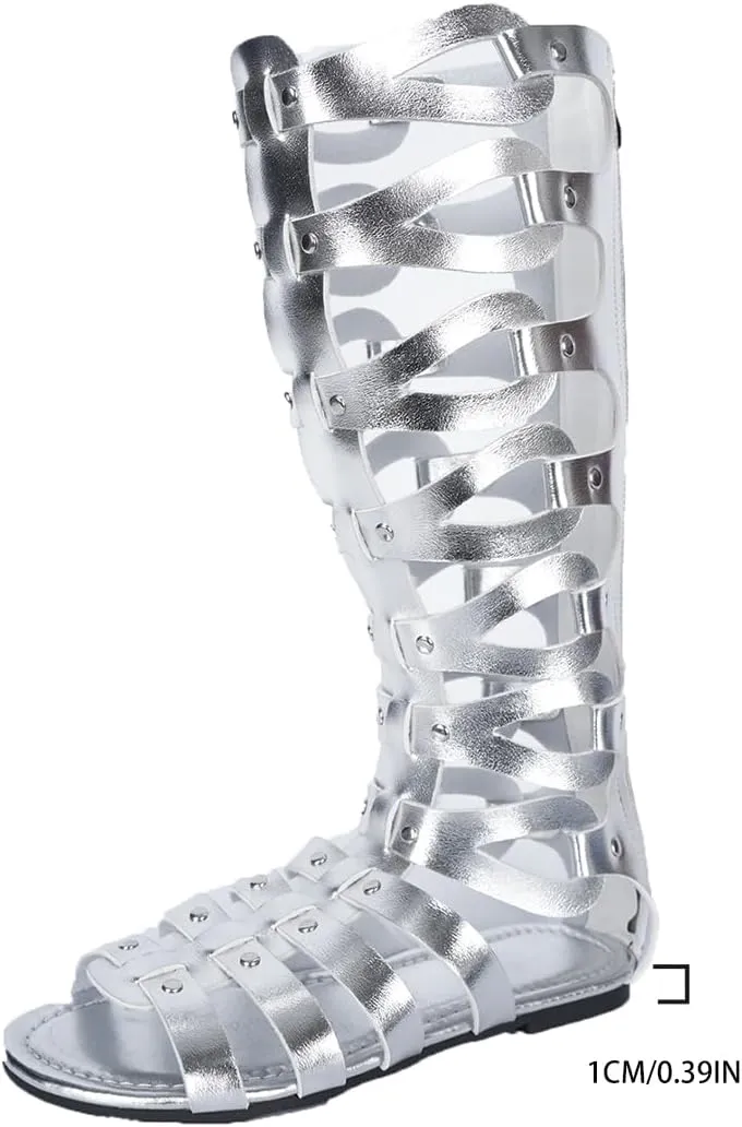 SACFOF Knee High Sandals for Women Gladiator Cut Out Summer Roman Boots Rivets Studded Strappy Zipper Sandals