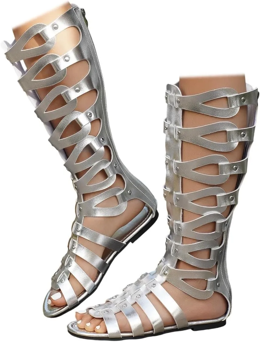 SACFOF Knee High Sandals for Women Gladiator Cut Out Summer Roman Boots Rivets Studded Strappy Zipper Sandals