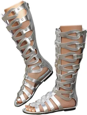 SACFOF Knee High Sandals for Women Gladiator Cut Out Summer Roman Boots Rivets Studded Strappy Zipper Sandals