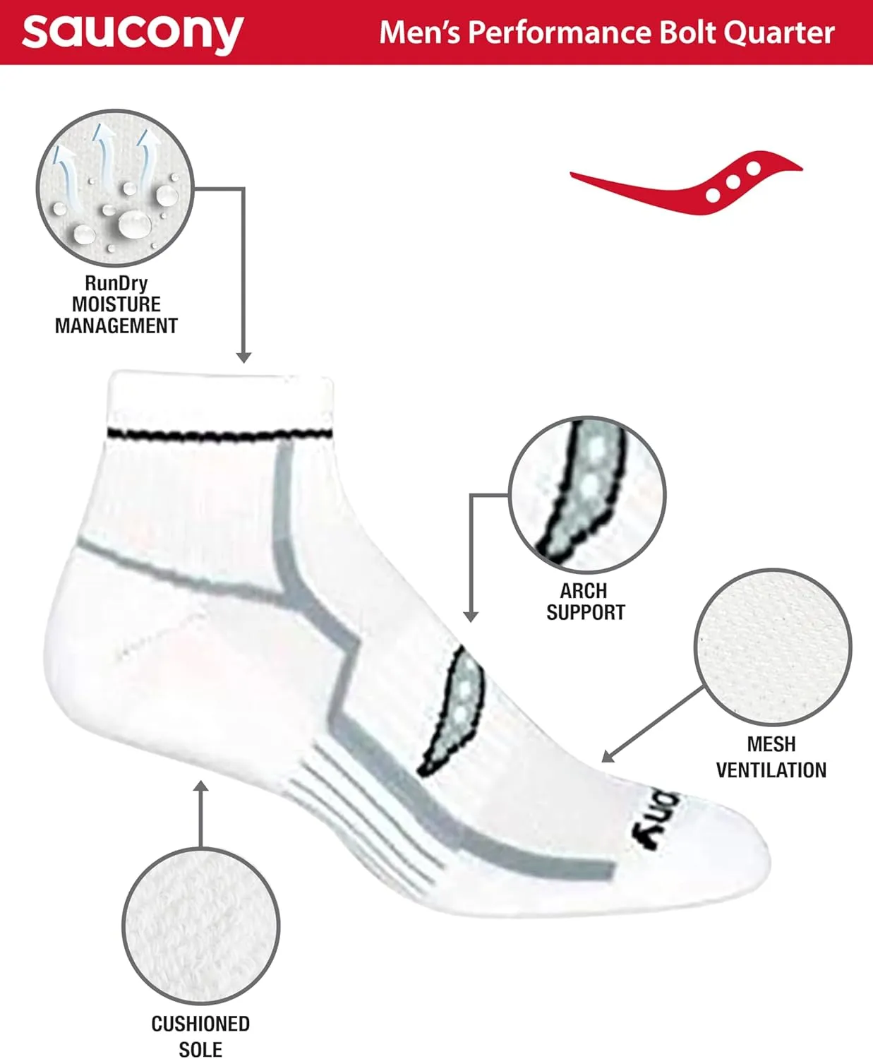 Saucony Men's RunDry Bolt Performance Quarter Socks, Available in L-XL (6, 12 Pairs)
