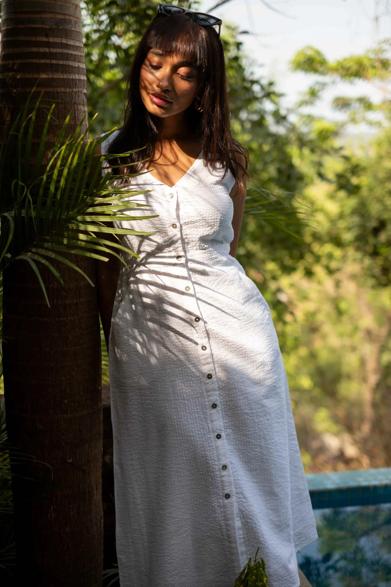 The Seersucker V Neck Dress with Buttons