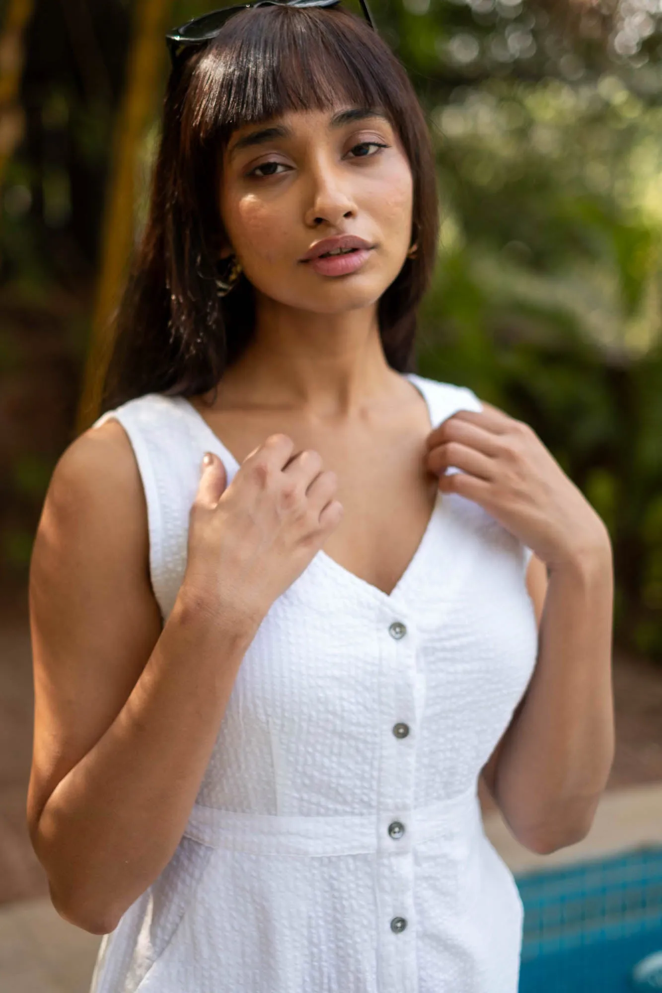 The Seersucker V Neck Dress with Buttons