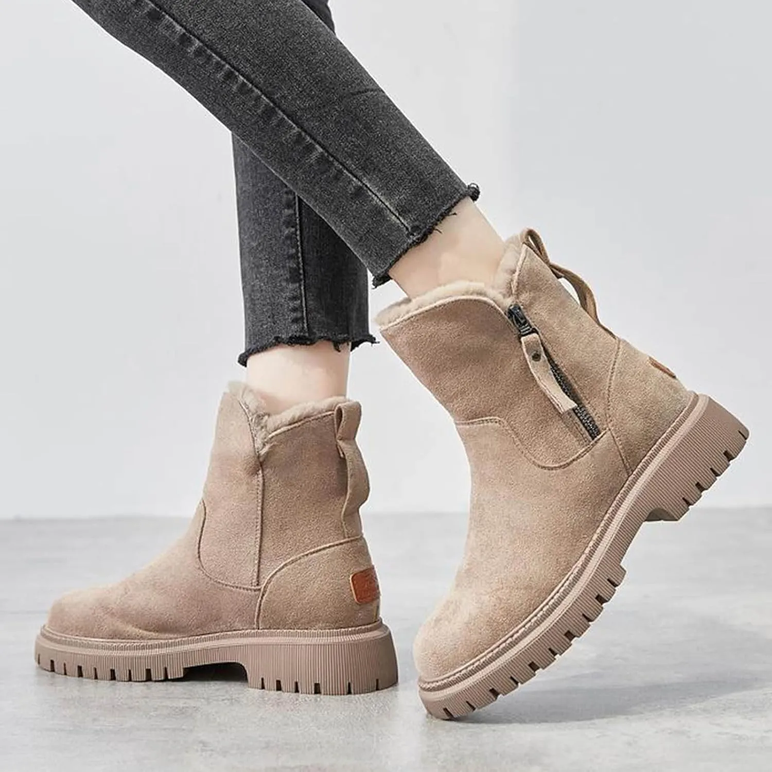 Women Fur Lined Ankle Boots Winter Snow Booties Lug Sole Non-slip Walking Bootie Sherpa Fleece Thermal Flat Boots Shoes