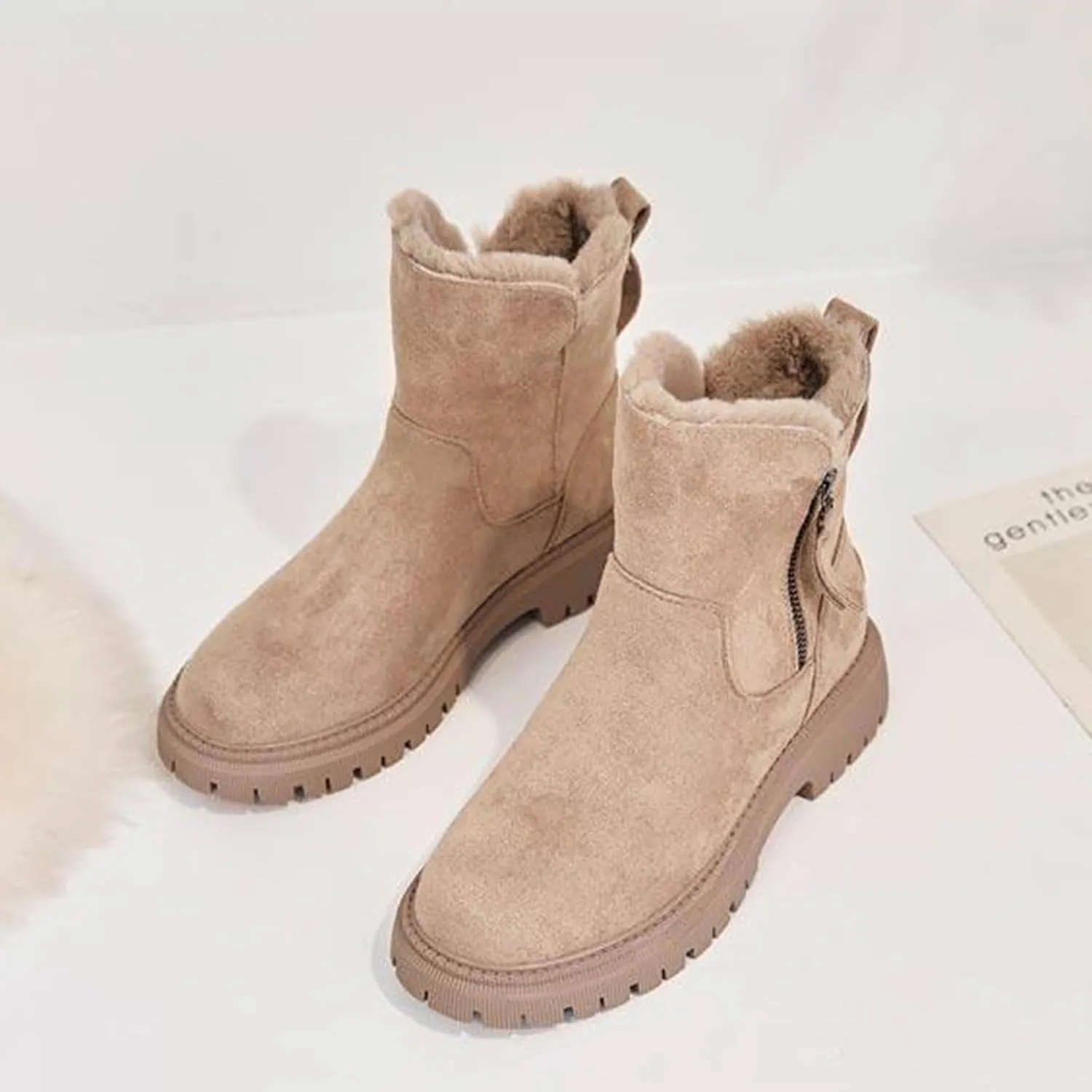 Women Fur Lined Ankle Boots Winter Snow Booties Lug Sole Non-slip Walking Bootie Sherpa Fleece Thermal Flat Boots Shoes