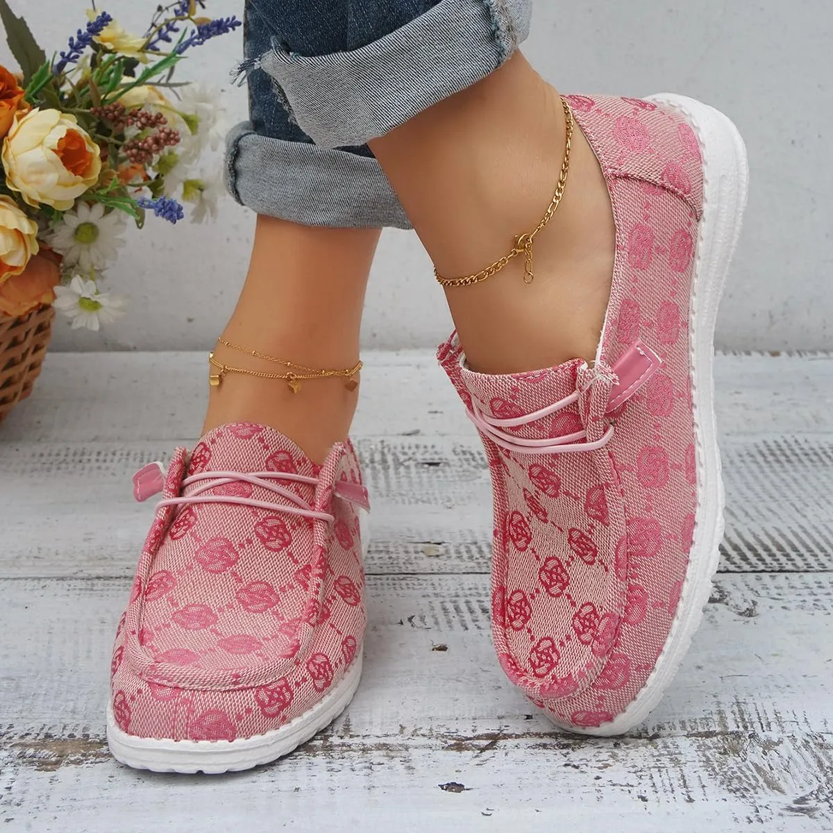 Women's Comfortable Easy Slip On Loafers Shoes Flower Print Lightweight Deck Boat Shoes Elastic Laces Outdoor Flat Walking Shoes Breathable Canvas Sneaker Driving Shoes US Size 6-7-8-9-10.5-11