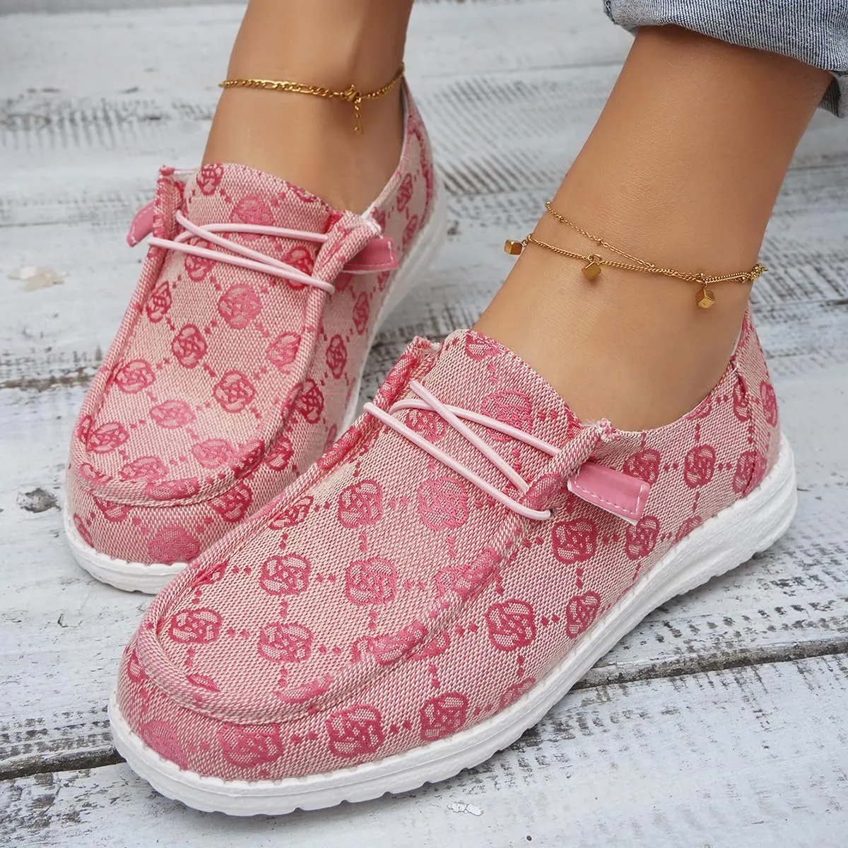Women's Comfortable Easy Slip On Loafers Shoes Flower Print Lightweight Deck Boat Shoes Elastic Laces Outdoor Flat Walking Shoes Breathable Canvas Sneaker Driving Shoes US Size 6-7-8-9-10.5-11