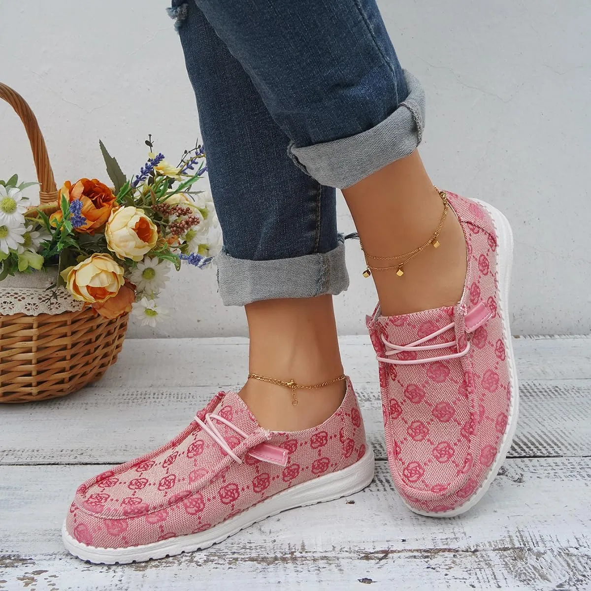 Women's Comfortable Easy Slip On Loafers Shoes Flower Print Lightweight Deck Boat Shoes Elastic Laces Outdoor Flat Walking Shoes Breathable Canvas Sneaker Driving Shoes US Size 6-7-8-9-10.5-11