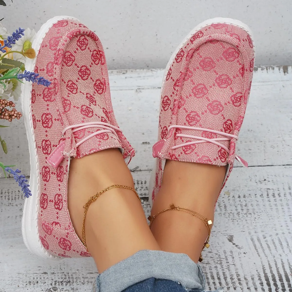 Women's Comfortable Easy Slip On Loafers Shoes Flower Print Lightweight Deck Boat Shoes Elastic Laces Outdoor Flat Walking Shoes Breathable Canvas Sneaker Driving Shoes US Size 6-7-8-9-10.5-11