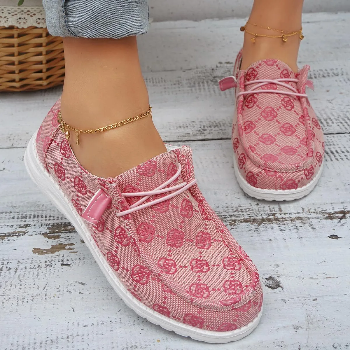 Women's Comfortable Easy Slip On Loafers Shoes Flower Print Lightweight Deck Boat Shoes Elastic Laces Outdoor Flat Walking Shoes Breathable Canvas Sneaker Driving Shoes US Size 6-7-8-9-10.5-11