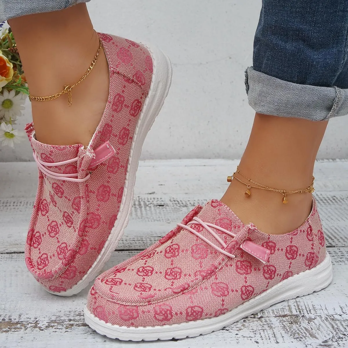 Women's Comfortable Easy Slip On Loafers Shoes Flower Print Lightweight Deck Boat Shoes Elastic Laces Outdoor Flat Walking Shoes Breathable Canvas Sneaker Driving Shoes US Size 6-7-8-9-10.5-11