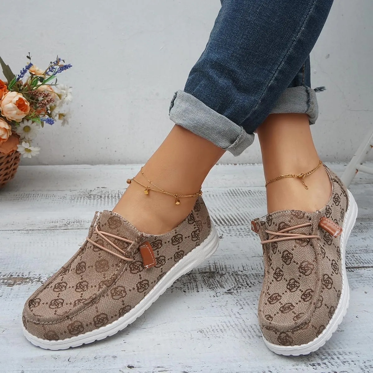 Women's Comfortable Easy Slip On Loafers Shoes Flower Print Lightweight Deck Boat Shoes Elastic Laces Outdoor Flat Walking Shoes Breathable Canvas Sneaker Driving Shoes US Size 6-7-8-9-10.5-11