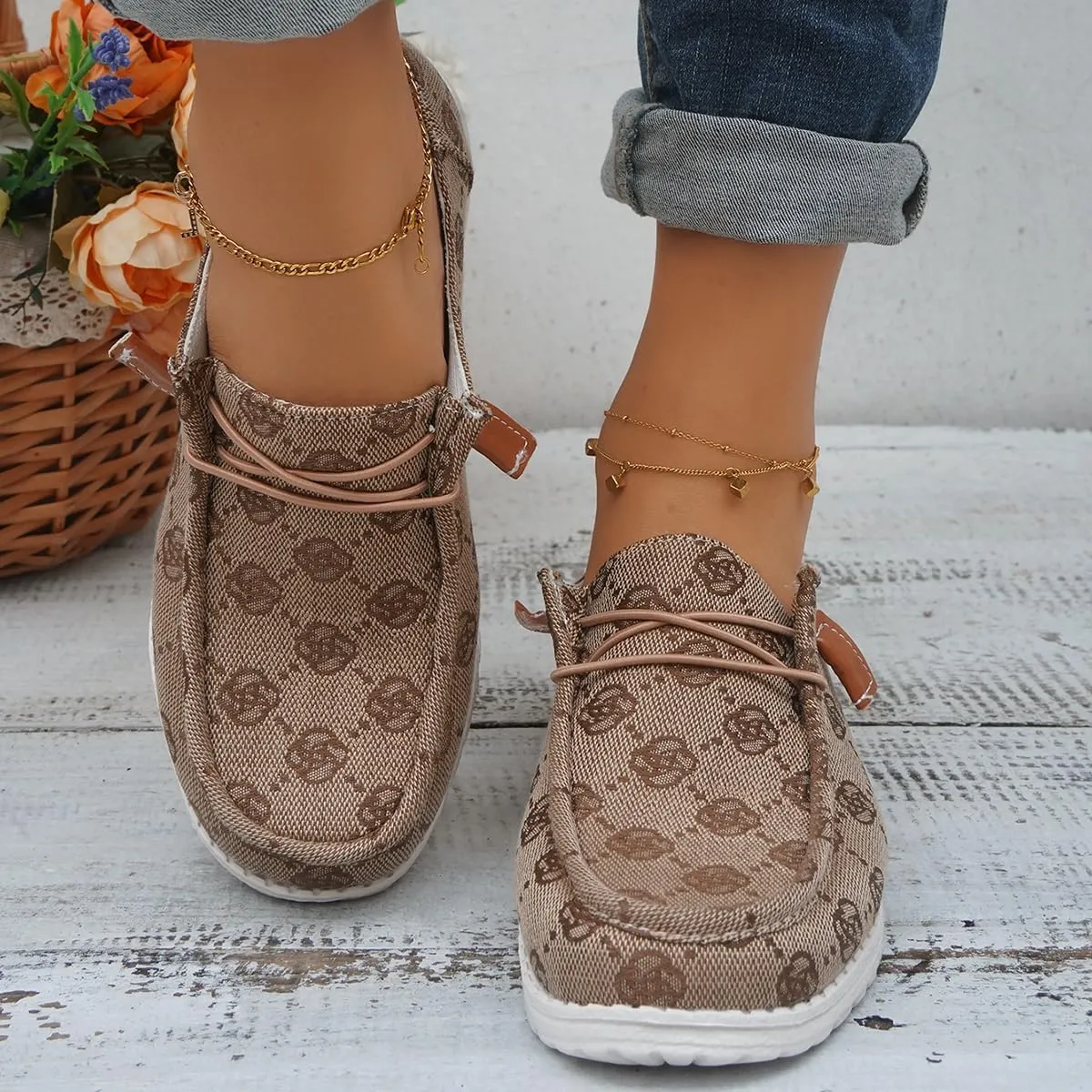 Women's Comfortable Easy Slip On Loafers Shoes Flower Print Lightweight Deck Boat Shoes Elastic Laces Outdoor Flat Walking Shoes Breathable Canvas Sneaker Driving Shoes US Size 6-7-8-9-10.5-11