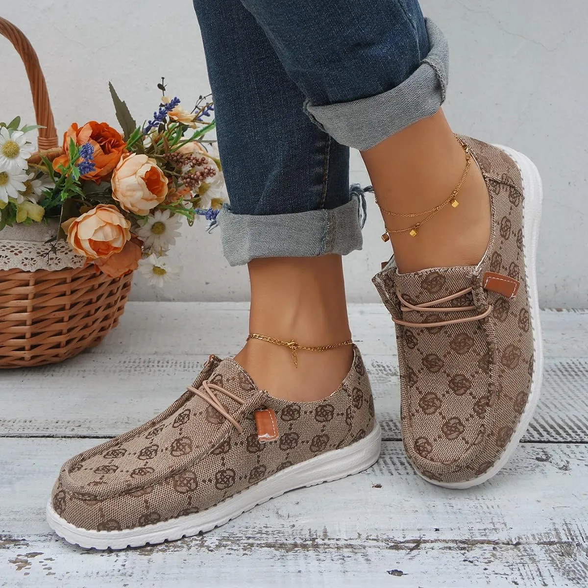 Women's Comfortable Easy Slip On Loafers Shoes Flower Print Lightweight Deck Boat Shoes Elastic Laces Outdoor Flat Walking Shoes Breathable Canvas Sneaker Driving Shoes US Size 6-7-8-9-10.5-11