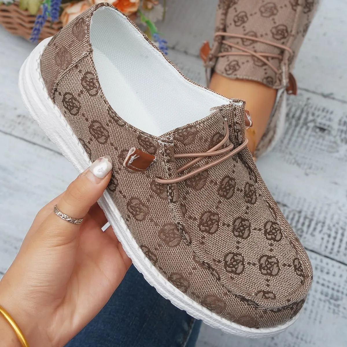 Women's Comfortable Easy Slip On Loafers Shoes Flower Print Lightweight Deck Boat Shoes Elastic Laces Outdoor Flat Walking Shoes Breathable Canvas Sneaker Driving Shoes US Size 6-7-8-9-10.5-11