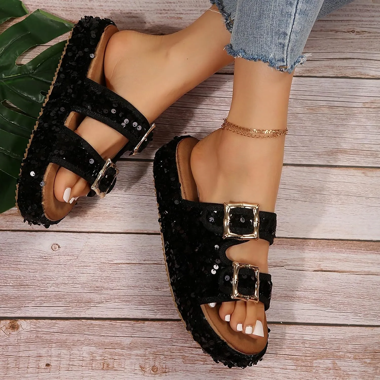 Womens Sandals Dressy Sequin 2 Buckles Platform Sandals Thick Sole Flats Slippers Summer Indoor Slides For Woman