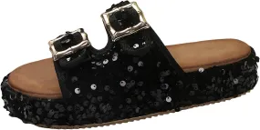 Womens Sandals Dressy Sequin 2 Buckles Platform Sandals Thick Sole Flats Slippers Summer Indoor Slides For Woman