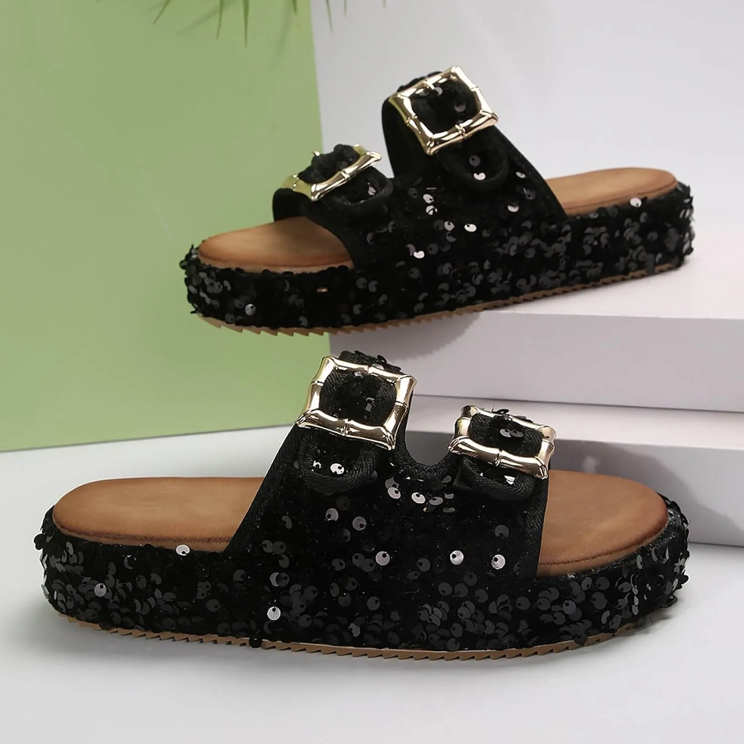 Womens Sandals Dressy Sequin 2 Buckles Platform Sandals Thick Sole Flats Slippers Summer Indoor Slides For Woman