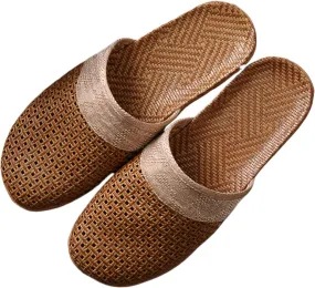 Womens Summer Slippers with Rubber Soles Memory Foam Closed Toe House Slippers Anti Slip Grass Mat Bamboo Sandals Indoor Breathable Outdoor Sandals