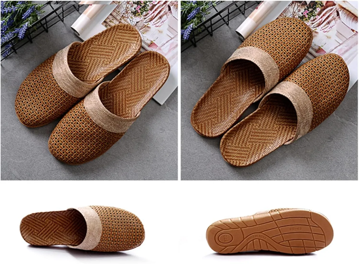 Womens Summer Slippers with Rubber Soles Memory Foam Closed Toe House Slippers Anti Slip Grass Mat Bamboo Sandals Indoor Breathable Outdoor Sandals