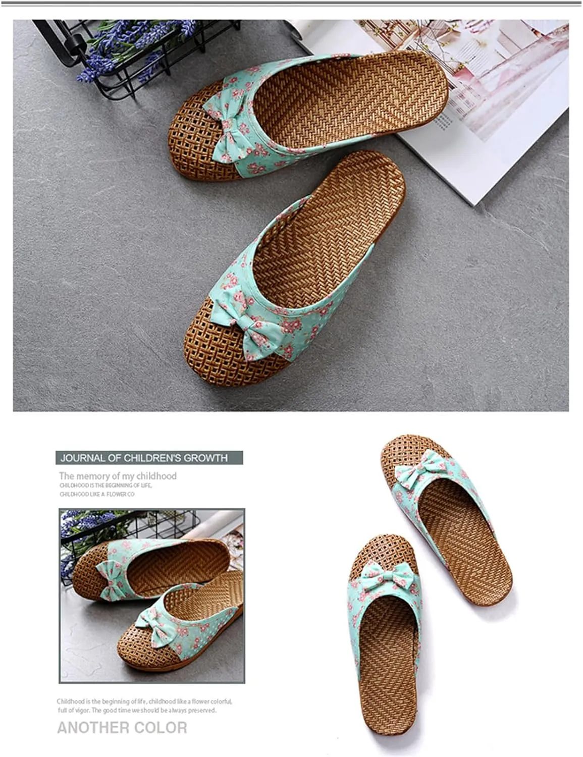 Womens Summer Slippers with Rubber Soles Memory Foam Closed Toe House Slippers Anti Slip Grass Mat Bamboo Sandals Indoor Breathable Outdoor Sandals
