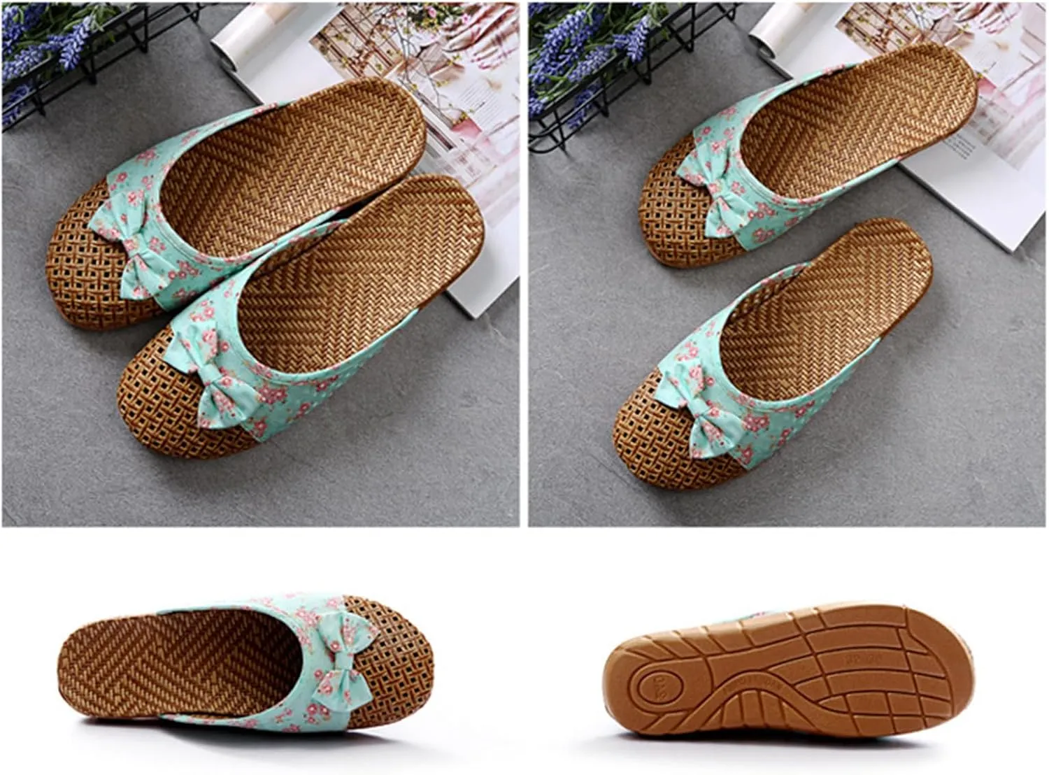 Womens Summer Slippers with Rubber Soles Memory Foam Closed Toe House Slippers Anti Slip Grass Mat Bamboo Sandals Indoor Breathable Outdoor Sandals