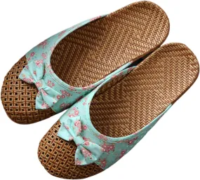 Womens Summer Slippers with Rubber Soles Memory Foam Closed Toe House Slippers Anti Slip Grass Mat Bamboo Sandals Indoor Breathable Outdoor Sandals