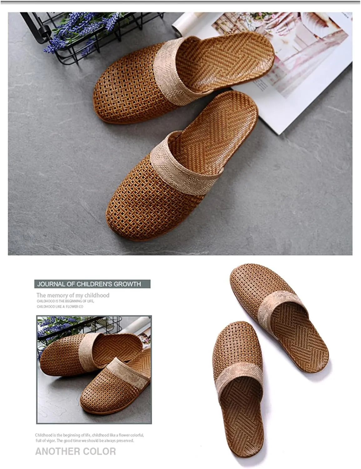 Womens Summer Slippers with Rubber Soles Memory Foam Closed Toe House Slippers Anti Slip Grass Mat Bamboo Sandals Indoor Breathable Outdoor Sandals