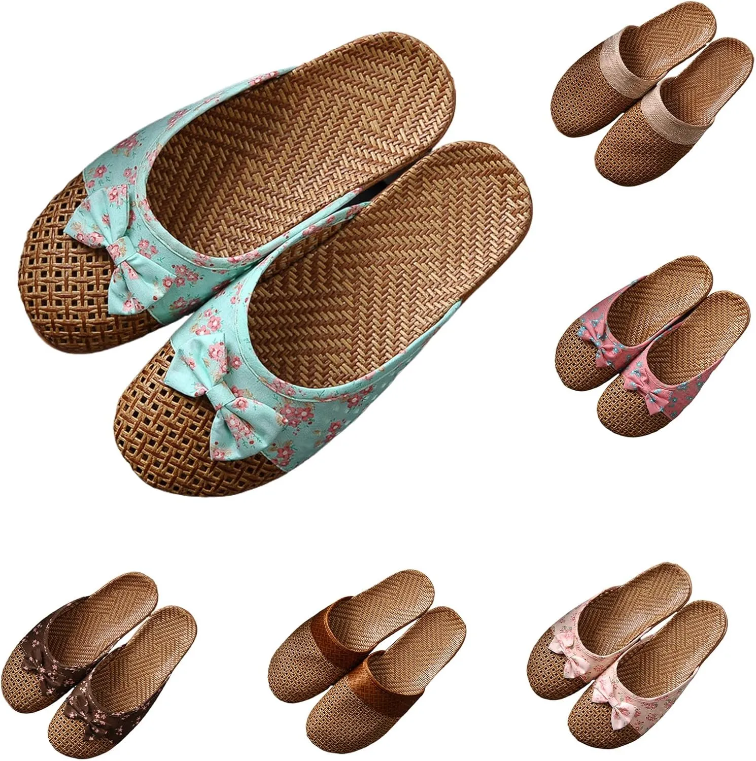 Womens Summer Slippers with Rubber Soles Memory Foam Closed Toe House Slippers Anti Slip Grass Mat Bamboo Sandals Indoor Breathable Outdoor Sandals