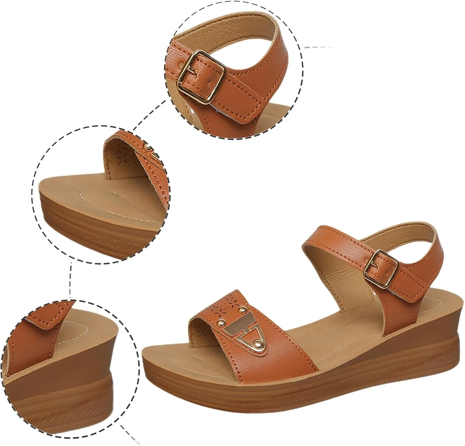 Women's Summer Wedge Sandals Open Toe Leather Casual Walking Shoes for Vacation Beach Outfit with Comfortable 5cm Heel