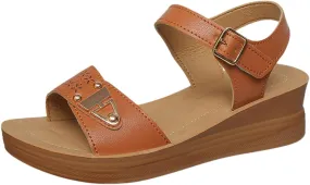 Women's Summer Wedge Sandals Open Toe Leather Casual Walking Shoes for Vacation Beach Outfit with Comfortable 5cm Heel