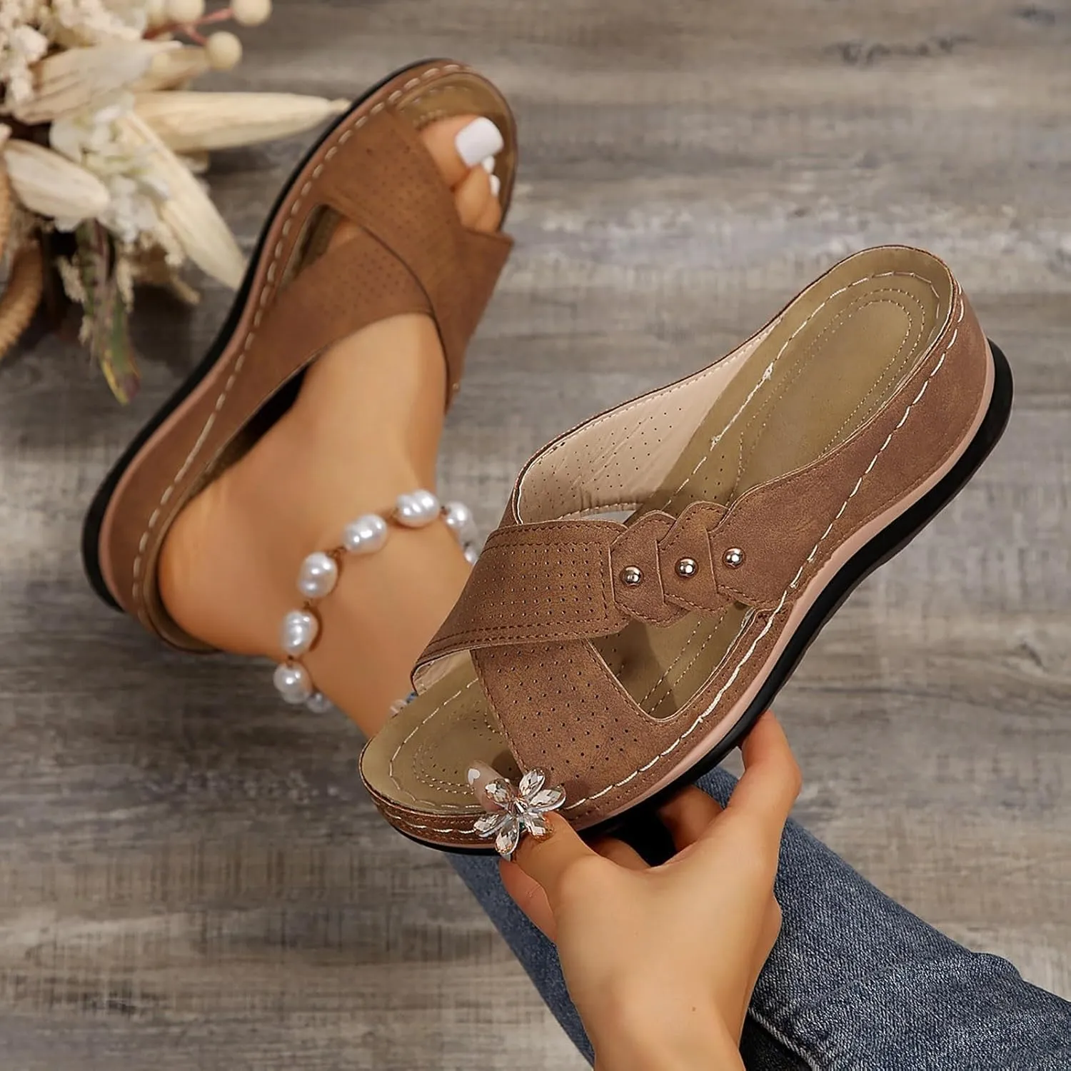 Womens Wedge Sandals Leather Dressy Breathablet Cross Strap Slide Sandals Beach Summer Casual Non-Slip Slippers Shoes Open Toe Platform Wedge Shoes