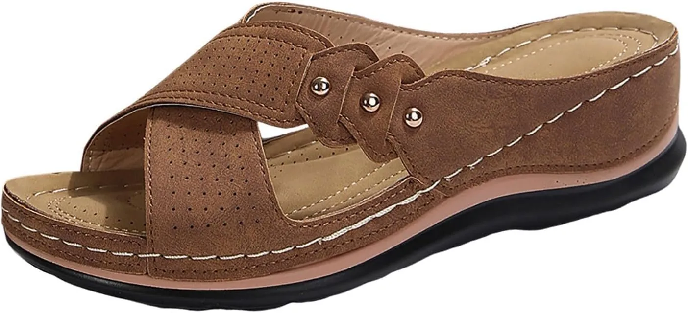 Womens Wedge Sandals Leather Dressy Breathablet Cross Strap Slide Sandals Beach Summer Casual Non-Slip Slippers Shoes Open Toe Platform Wedge Shoes